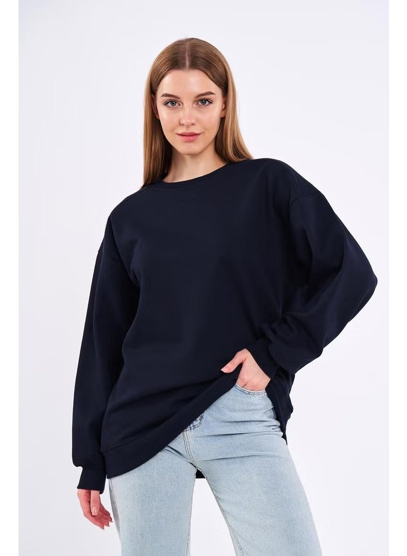 Navy Blue Women's Cotton Oversize Basic Crew Neck Sweatshirt - Image 4